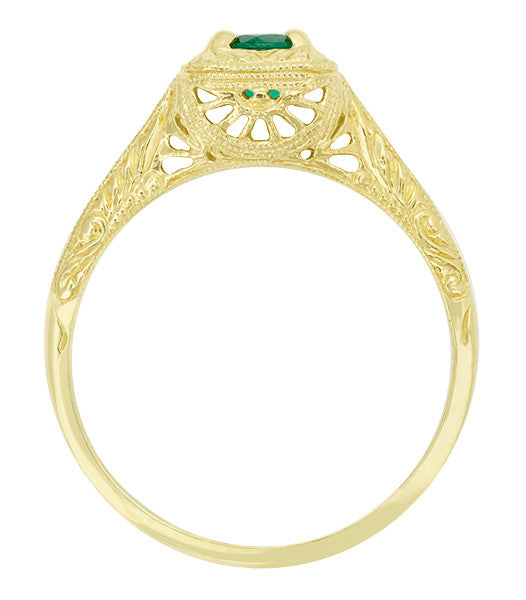 Art Deco Engraved Scrolls 14 Karat Yellow Gold Filigree Emerald Engagement Ring - Item: R183Y - Image: 2