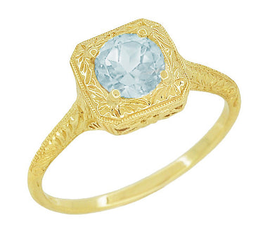 Art Deco Filigree Carved Vintage Yellow Gold Aquamarine Engagement Ring Circa 1920's - R183YA