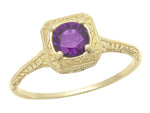 Art Deco Amethyst Filigree Scrolls Engraved Engagement Ring in 14 Karat Yellow Gold