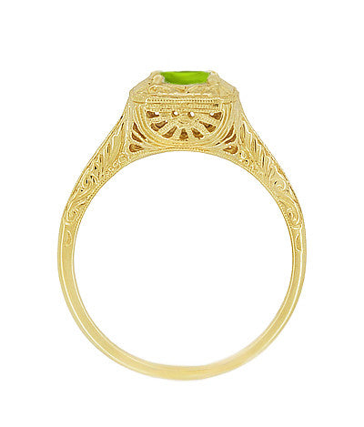 Art Deco Square Top Filigree Scrolls Engraved Peridot Engagement Ring in 14 Karat Yellow Gold - Item: R183YPER - Image: 2
