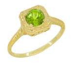 Art Deco Square Top Filigree Scrolls Engraved Peridot Engagement Ring in 14 Karat Yellow Gold