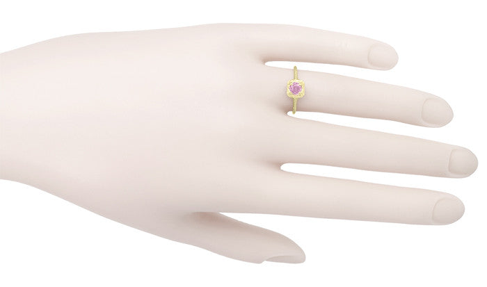 Art Deco Carved Filigree Yellow Gold Pink Sapphire Engagement Ring - Item: R183YPS - Image: 4