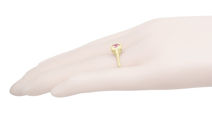 Art Deco Carved Filigree Yellow Gold Pink Sapphire Engagement Ring - Item: R183YPS - Image: 5