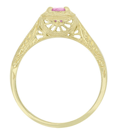 Art Deco Carved Filigree Yellow Gold Pink Sapphire Engagement Ring - alternate view