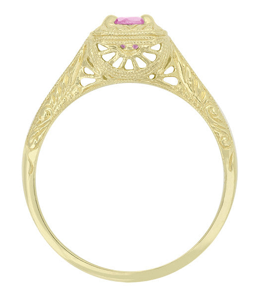 Art Deco Carved Filigree Yellow Gold Pink Sapphire Engagement Ring - Item: R183YPS - Image: 2