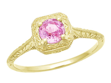1920's Era Art Deco Filigree Scrolls Carved Square Top Yellow Gold Vintage Pink Sapphire Engagement Ring - R183YPS