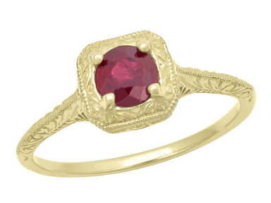 1920s Yellow Gold Engraved Filigree Vintage Ruby Engagement Ring - R183YR