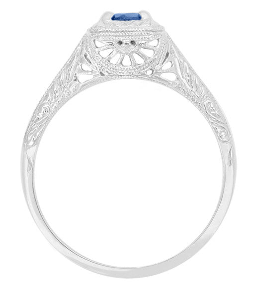 1920's Filigree Scrolls Hand Engraved Art Deco Platinum Sapphire Engagement Ring - Item: R184P - Image: 2