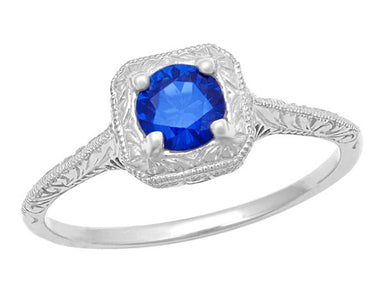 Filigree Scrolls Engraved Low Profile 1920's Art Deco Antique Platinum Sapphire Engagement Ring - R184P