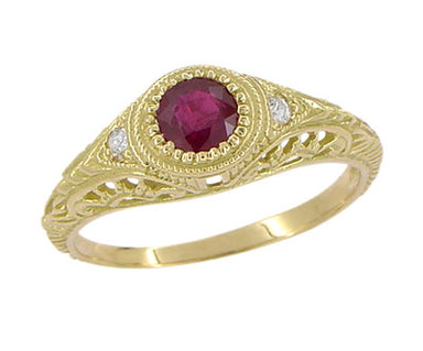 1920's Art Deco Yellow Gold Ruby Filigree Engagement Ring with Side Diamonds