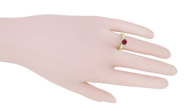 Art Deco Yellow Gold Vintage Reissue Filigree Ruby Engagement Ring with Side Diamonds - Item: R191Y - Image: 7