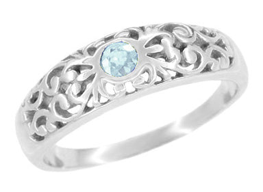 Edwardian Filigree Aquamarine Ring in Platinum