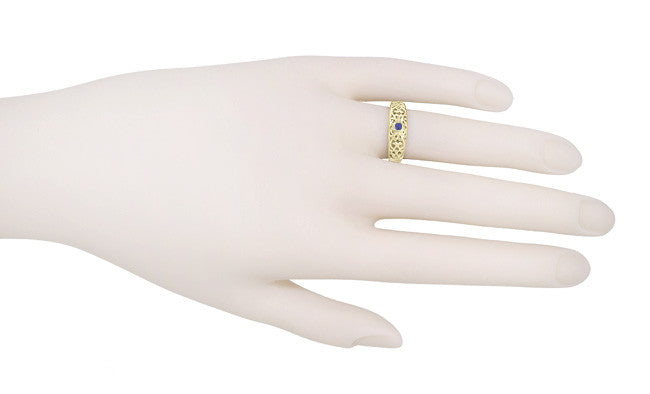 Edwardian Scroll Filigree Sapphire Ring in 14 Karat Yellow Gold - Item: R197SY - Image: 3