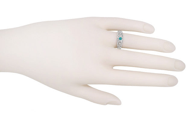 Edwardian Filigree Blue Diamond Ring in 14 Karat White Gold - Item: R197WBD - Image: 3