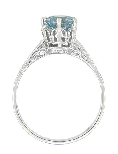Art Deco Crown 1 Carat Solitaire Aquamarine Engagement Ring in 18 Karat White Gold - Item: R199A - Image: 3