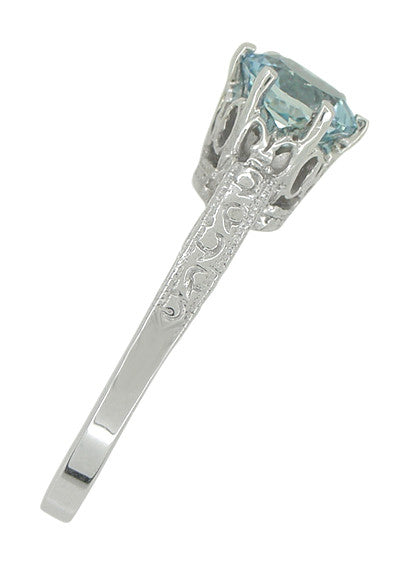 Art Deco Crown 1 Carat Solitaire Aquamarine Engagement Ring in 18 Karat White Gold - Item: R199A - Image: 4