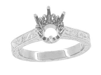 Art Deco Platinum 1.50 - 1.75 Carat Crown Engagement Ring Setting with Scroll Engraving for a Round Stone 7mm - 8mm - Item: R199P150 - Image: 3