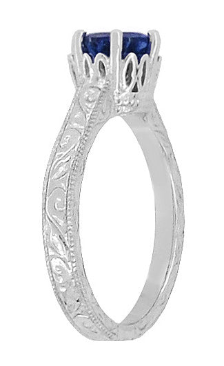 Platinum Filigree Art Deco Crown Solitaire 1.5 Carat Blue Sapphire Engagement Ring - Engraved Scroll Design - Item: R199P1S - Image: 3