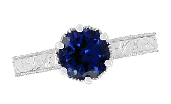 Platinum Filigree Art Deco Crown Solitaire 1.5 Carat Blue Sapphire Engagement Ring - Engraved Scroll Design - Item: R199P1S - Image: 5