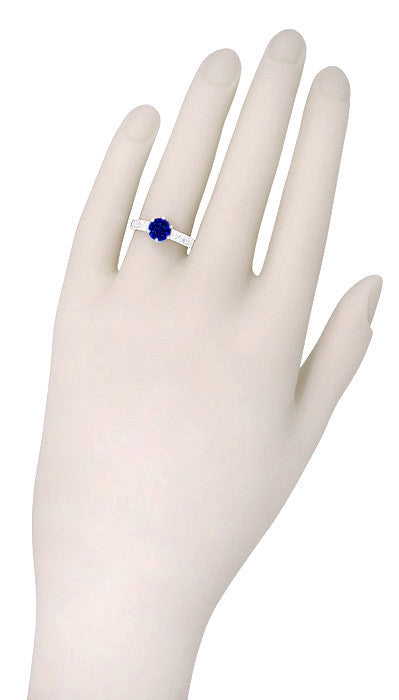 Platinum Filigree Art Deco Crown Solitaire 1.5 Carat Blue Sapphire Engagement Ring - Engraved Scroll Design - Item: R199P1S - Image: 6