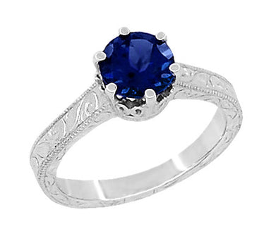 Platinum Filigree Art Deco Crown Solitaire 1.5 Carat Blue Sapphire Engagement Ring - Engraved Scroll Design
