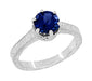 Platinum Filigree Art Deco Crown Solitaire 1.5 Carat Blue Sapphire Engagement Ring - Engraved Scroll Design