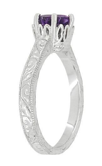 Art Deco Crown Filigree Scrolls Amethyst Engagement Ring in Platinum - Item: R199PAM - Image: 3