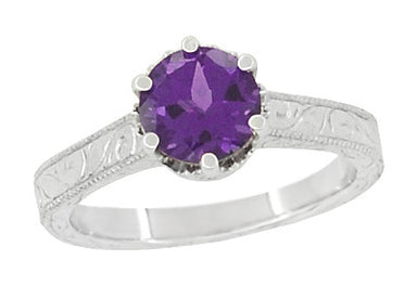 Art Deco Crown Filigree Scrolls Amethyst Engagement Ring in Platinum