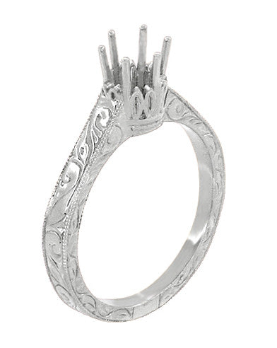 Art Deco Crown Filigree Scrolls Palladium 1/2 Carat Engagement Ring Setting | 5mm - 5.5mm Mount - Item: R199PDM50 - Image: 4