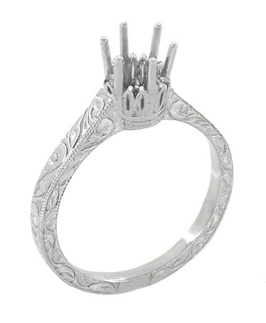 Art Deco Crown Filigree Scrolls Palladium 1/2 Carat Engagement Ring Setting | 5mm - 5.5mm Mount