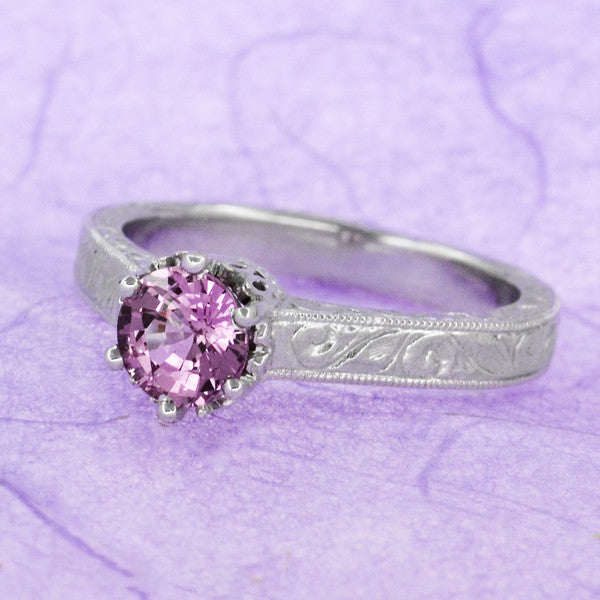 Platinum Scrolls Art Deco Filigree 1 Carat Pink Sapphire Solitaire Crown Engagement Ring - Item: R199PPS - Image: 8