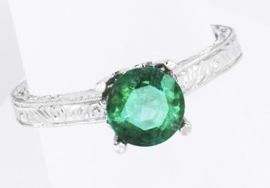 Crown Scrolls Filigree Art Deco 1 Carat Emerald Solitaire Engagement Ring in 18 Karat White Gold