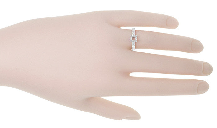Art Deco 3/4 Carat Scroll Engraved Castle Filigree Engagement Ring Setting in White Gold - Item: R199PRW75K14 - Image: 6