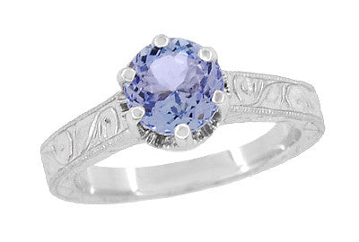 Platinum Art Deco Filigree Engraved Scrolls Crown Solitare Tanzanite Engagement Ring - Item: R199PTA - Image: 3