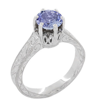 Platinum Art Deco Filigree Engraved Scrolls Crown Solitare Tanzanite Engagement Ring - alternate view