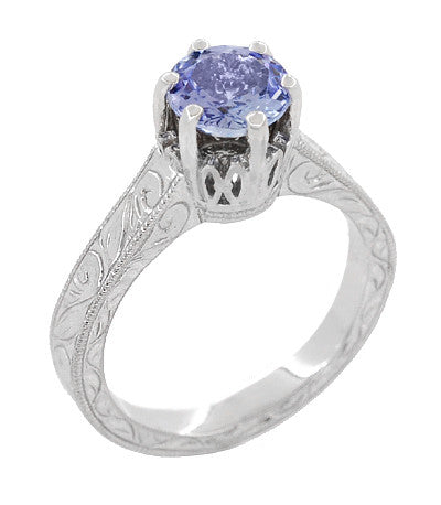 Platinum Art Deco Filigree Engraved Scrolls Crown Solitare Tanzanite Engagement Ring - Item: R199PTA - Image: 2