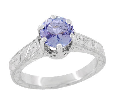 Platinum Art Deco Filigree Engraved Scrolls Crown Solitare Tanzanite Engagement Ring