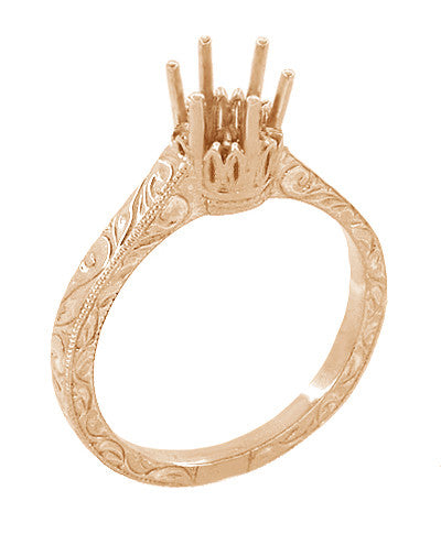 Art Deco 1/3 Carat Crown Filigree Scrolls Engagement Ring Setting in 14 Karat Rose Gold