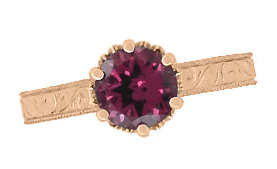 Scroll Filigree Art Deco Crown 1.5 Carat Rhodolite Garnet Solitaire Engagement Ring in 14 Karat Rose ( Pink ) Gold - Item: R199RG - Image: 5