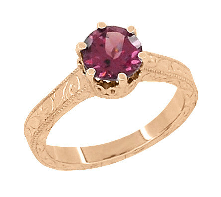 Scroll Filigree Art Deco Crown 1.5 Carat Rhodolite Garnet Solitaire Engagement Ring in 14 Karat Rose ( Pink ) Gold - Item: R199RG - Image: 2