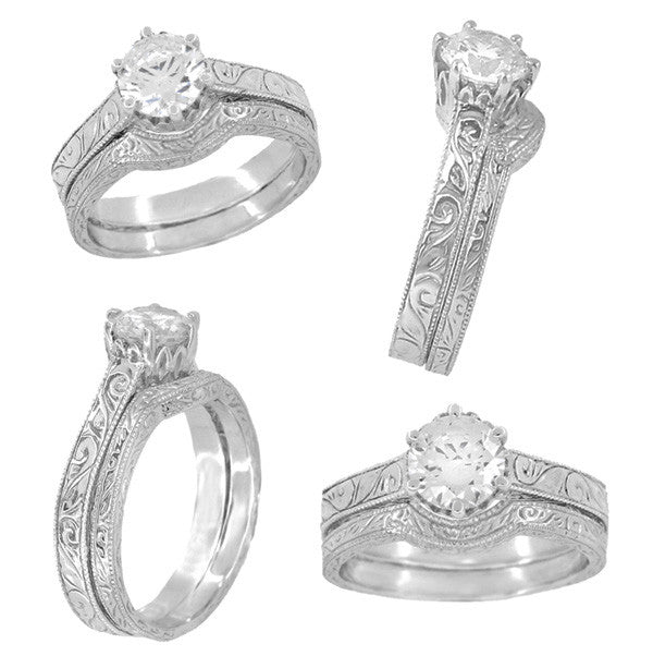 Art Deco 7mm Round Stone Crown Engagement Ring Setting in White Gold (1.25 - 1.50 Carat) Filigree Scrolls Engraved - Item: R199W125K14 - Image: 5