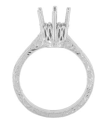 Art Deco 7mm Round Stone Crown Engagement Ring Setting in White Gold (1.25 - 1.50 Carat) Filigree Scrolls Engraved - Item: R199W125K14 - Image: 2