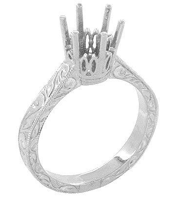 Scroll Filigree Art Deco Crown Engagement Ring Setting for a 1.75 - 2.25 Carat Round Diamond in 18 Karat White Gold