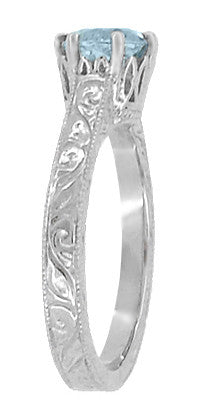 Art Deco Crown Filigree Scrolls 1 Carat Solitaire Aquamarine Engraved Engagement Ring in 18 Karat White Gold - Item: R199W1A - Image: 3