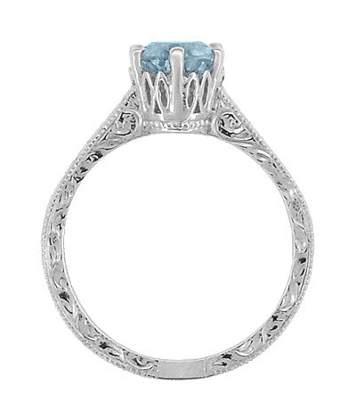Art Deco Crown Filigree Scrolls 1 Carat Solitaire Aquamarine Engraved Engagement Ring in 18 Karat White Gold - Item: R199W1A - Image: 4