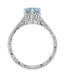 Art Deco Crown Filigree Scrolls 1 Carat Solitaire Aquamarine Engraved Engagement Ring in 18 Karat White Gold