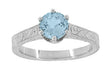 Art Deco Crown Filigree Scrolls 1 Carat Solitaire Aquamarine Engraved Engagement Ring in 18 Karat White Gold