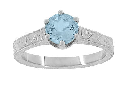 Art Deco Crown Filigree Scrolls 1 Carat Solitaire Aquamarine Engraved Engagement Ring in 18 Karat White Gold - Item: R199W1A - Image: 5