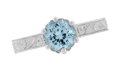 Art Deco Crown Filigree Scrolls 1 Carat Solitaire Aquamarine Engraved Engagement Ring in 18 Karat White Gold - Item: R199W1A - Image: 6