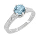 Art Deco Crown Filigree Scrolls 1 Carat Solitaire Aquamarine Engraved Engagement Ring in 18 Karat White Gold